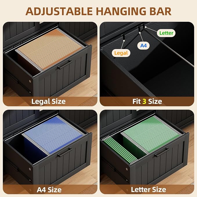 Farmhouse File Cabinet for Legal/ A4 /Letter Size, Black | Filling Cabinet Printer Stand with Outlets & USB Ports for Home Office, Remote Work, Entryway, Sliding Doors & 2 Drawers