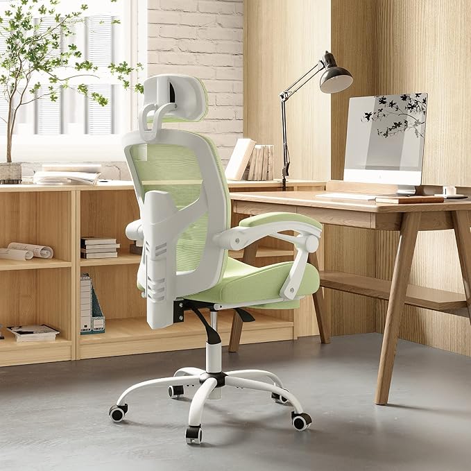 DUMOS Home Office Desk Chair with Footrest, High-Back Mesh Rolling Swivel Reclining Chairs with Wheels, Comfortable Headrest, Lumbar Support, Comfy Arms for Home, Office, Gaming, Elegant Green