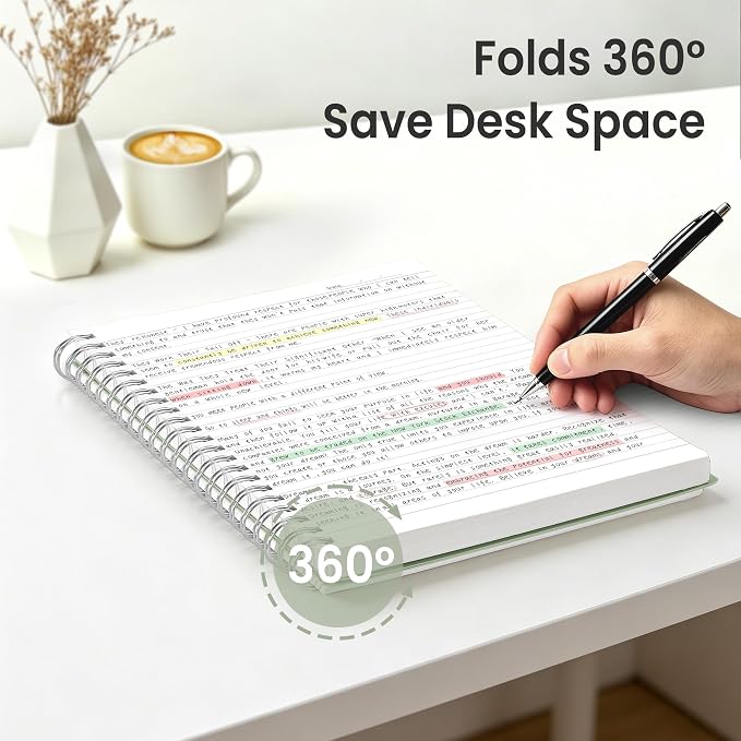EMSHOI Lined Spiral Journal Notebook, 300 Pages, A5 Size (5.7'' x 8.2'') | College Ruled, 100 GSM Thick Paper, Flexible Plastic Cover, for School, Writing, Work, Office & Journaling (Light Green)