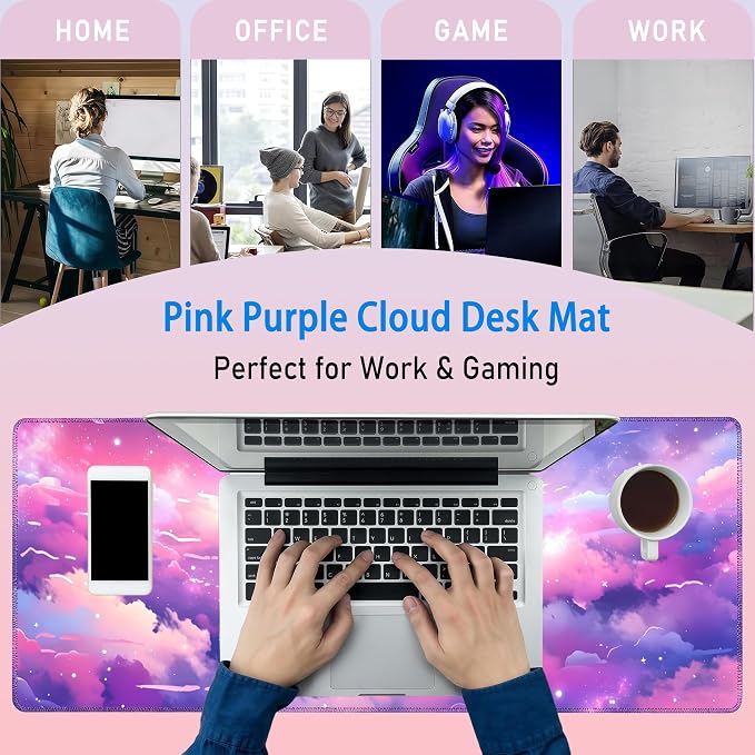 Pretty Cloud Desk Mat,Large Cute Pink Purple Sky Mouse Pad,31.5x12in | Starry Sky Gaming Mousepad,Extended Girly Galaxy Desk Decor Deskmat for Women,Pastel Colorful XL Keyboard Mat,80x30 cm