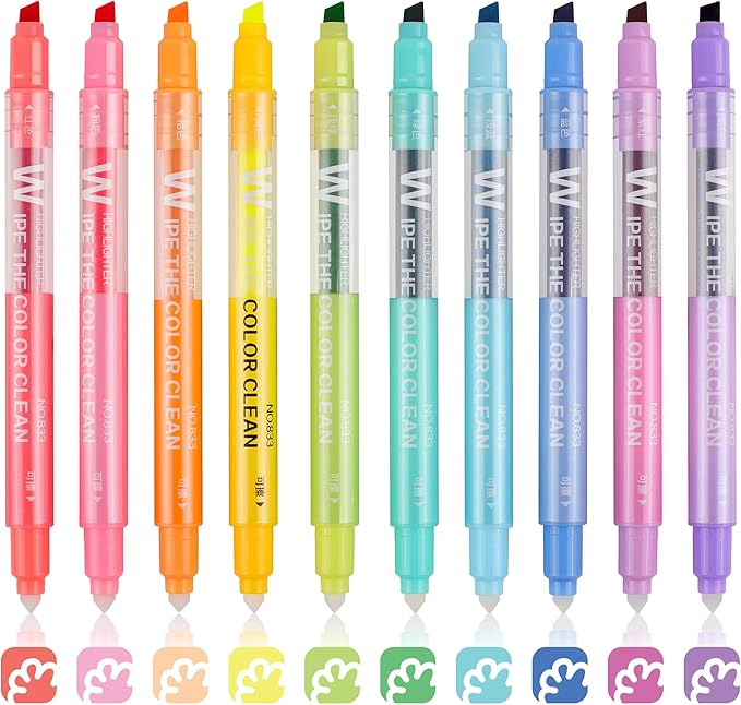 HANKU Erasable Highlighters, Dual Tip 10 Assorted Colors for Journaling | Cute Erasable Marker Pens, Smooth Writing, No Bleed, for Journaling, Planners, Bible Study, Back to School Supplies