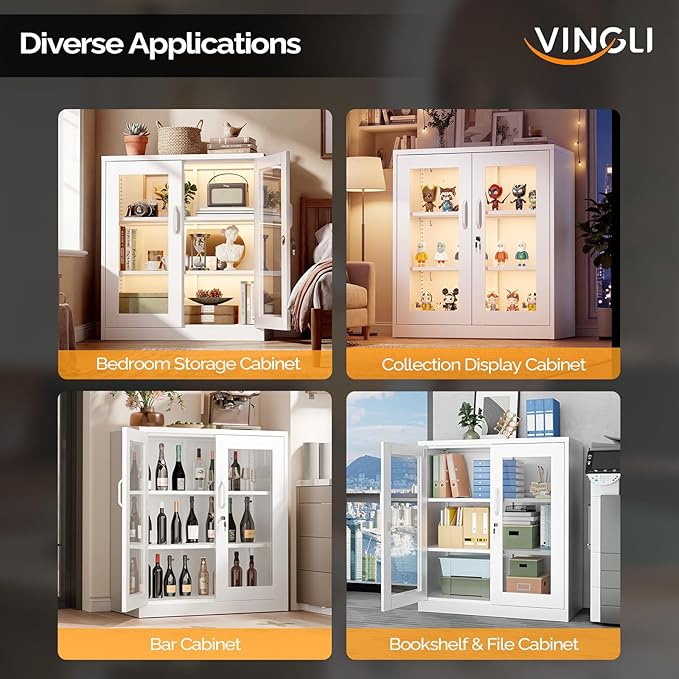 VINGLI Lockable Display Cabinet with Glass Door & 3 Shelves, 35.5" H Metal Storage Cabinet Curio Liquor, Bookshelf Bookcase for Home Office Living Room Pantry Garage (White)