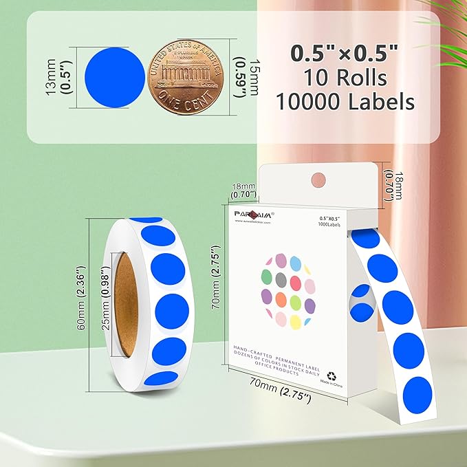 PARLAIM 1/2 Inch Diameter Dot Stickers, 10 Rolls 10000pcs Blue Self-Adhesive Color-Code Dot Stickers Permanent Adhesive Round Circle Labels for Office