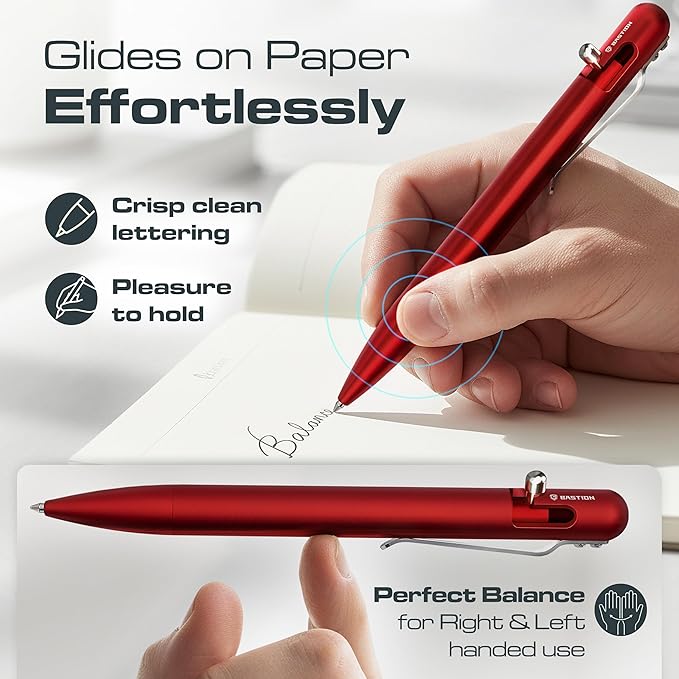 BASTION Aluminum Bolt Action Pen with Gift Case - Luxury Executive Retractable Lightweight Metal Ink Refillable Office Pocket EDC Fine Point Writing Ballpoint for Men & Women (Red)
