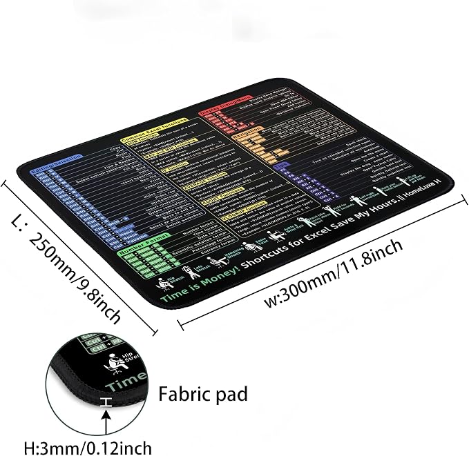 Excel Cheat Sheet Desk Pad-Mouse pad(11.8in *9.8in *0.12 in) | Waterproof Mouse Pad, Microsoft Excel Shortcuts, Non-Slip Stitched Edge, Portable Computer Mousepad
