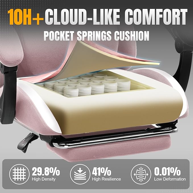 GTPLAYER Gaming Chair with Foot Rest & Pocket Spring Cushion, Breathable Fabric for Home Office Desk, Ergonomic High Back Computer Chair with Headrest & Lumbar Support, Pink