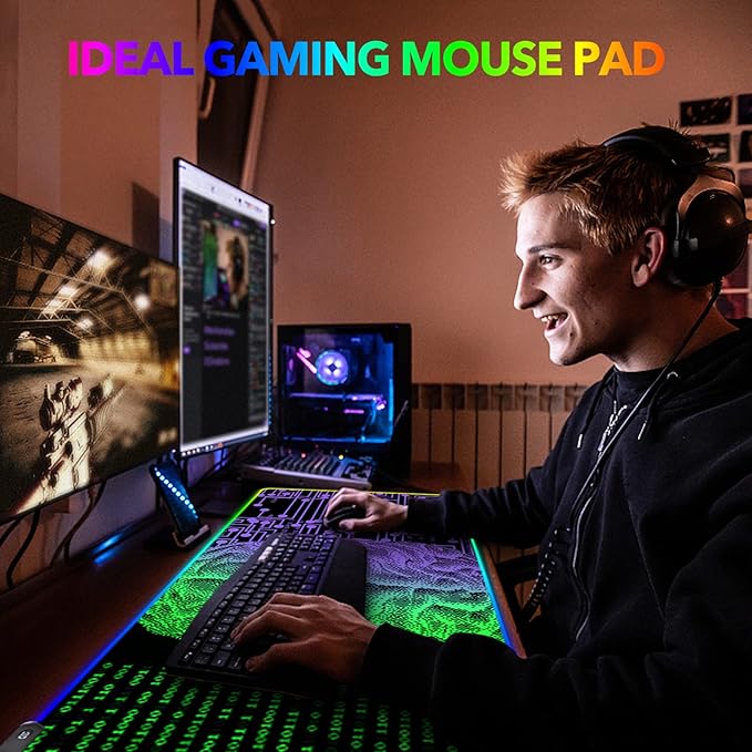 AIMSA Large Gaming Mouse Pad RGB, Keyboard Led Mousepad Extended 35.4 x 15.8 inch Non-Slip Rubber Base with 14 Lighting Modes, Big Desk Mat Waterproof, Technology Brain