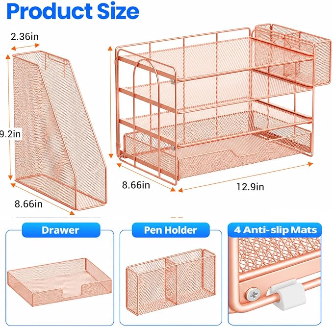 Desk Organizers and Accessories, 4-Tier Desktop File Organizer with Drawer and Pen Holders, Office Desk Accessories Workspace Organizers for Office Supplies (Rose Gold)
