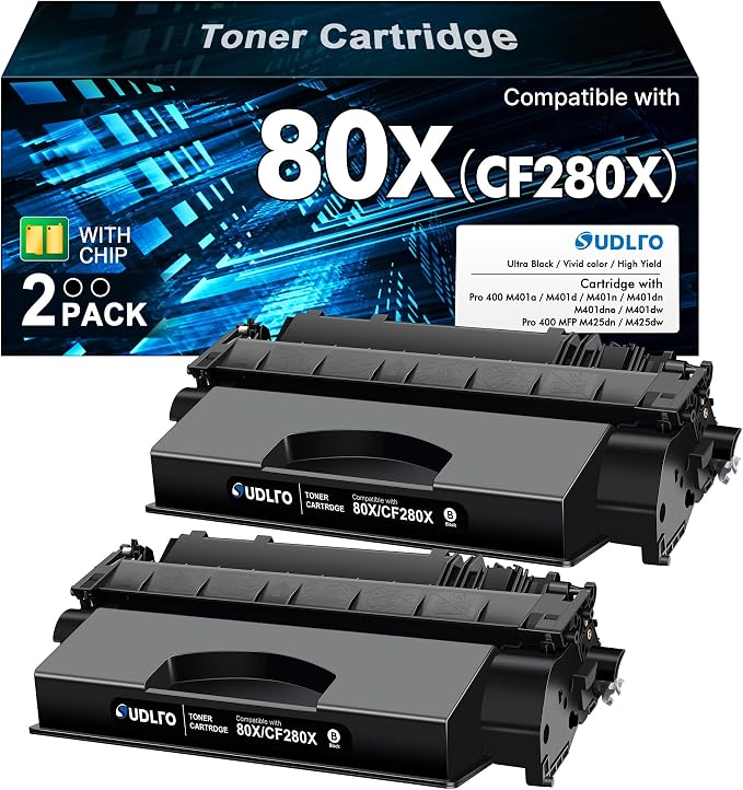 80X Toner Cartridge Black High Yield Replacement for 80X CF280X 80A CF280A | to Compatible with HP Pro Laserjet 400 M401A M401D M401N M401DN M401DNE M401DW, Pro 400 MFP M425SN M425DW Printer (2 Packs)
