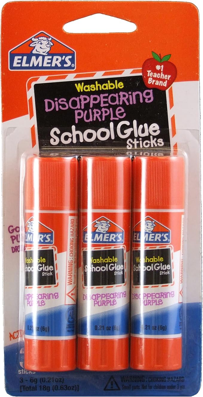 Elmer's Washable Dissappearing Purple School Glue Sticks, 3 Pack, 6 grams Each (E520)
