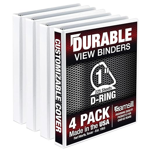 Samsill Durable 1 inch 3 Ring Binder, D Ring Binder, 100% Recycled Chipboard, White, 4 Pack