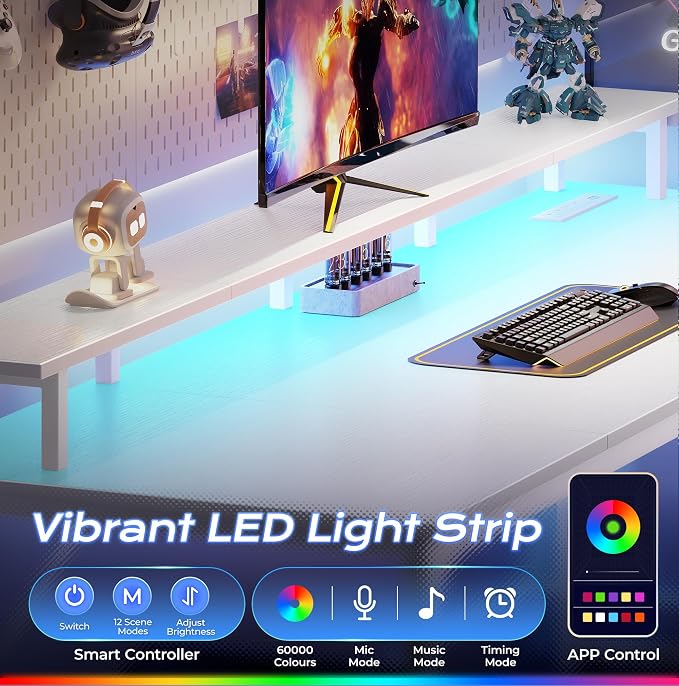 63 inch Gaming Desk, LED & Power Outlets, Monitor Stand, White | Sturdy PC Desk for Home Office, Study & Work, LED Lights, 4 AC Outlets & USB-C Charging Station