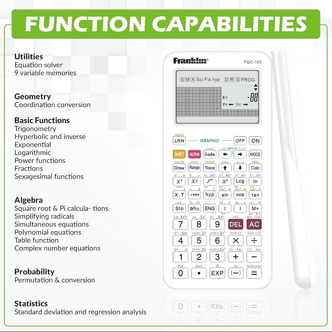 Franklin Scientific Graphing Calculator with 3 Operating Modes - Scientific Calculator Includes 20 Built-in graphs - Ideal for Beginner and Advanced Courses with Protective Cover - Black