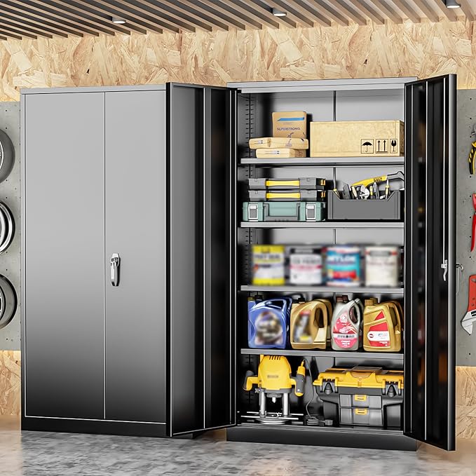 Metal Storage Cabinet, 72” H Storage Cabinet with 2 Doors and 4 Adjustable Shelves for Office, Home, Garage (Assembly Required, Black)