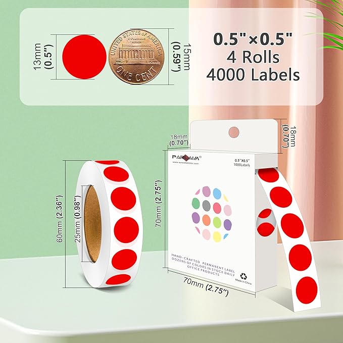 PARLAIM 4000 Pack Red Dot Stickers, 1/2 inch Round Circle Label 4 Rolls Permanent Adhesive Color-Code Sticker Labels in Dispenser Box