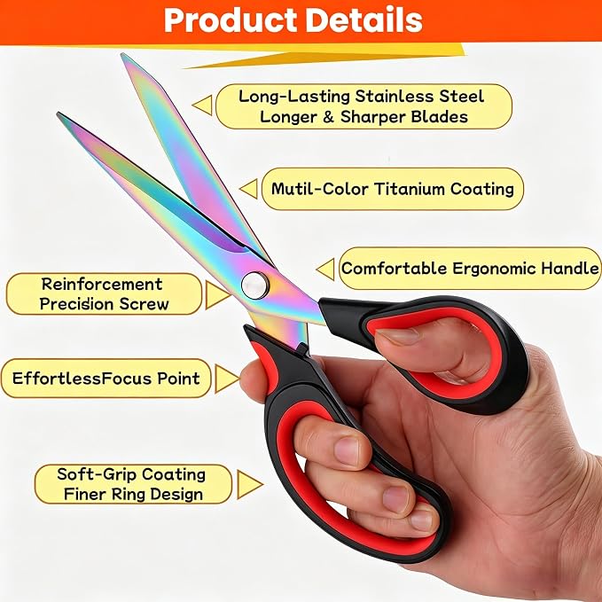 Scissors Multi-Purpose, 9.5" Sharp Sewing Scissors, Professional Heavy Duty Titanium Coating Forged Stainless Steel Shears for Fabric Leather,Dressmaking,Tailoring,Quilting,Home,Office,Art & School