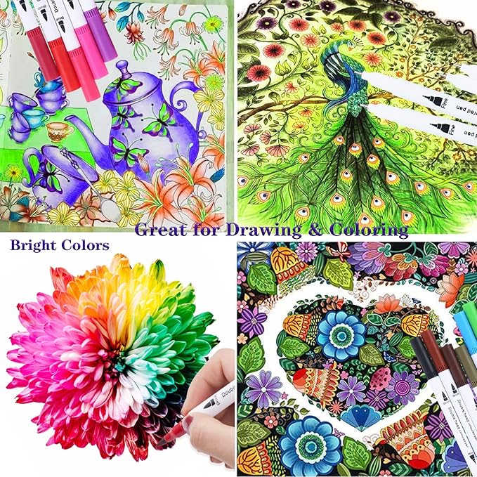 36 Brush Markers for Adult Coloring Books,Office Markers for Adults Lettering,Dual Tip Brush Pens for Drawing,Colored Pens for Art,Journal Planner,Doodle,Brush&Fine Marker for Teen Girl Gifts