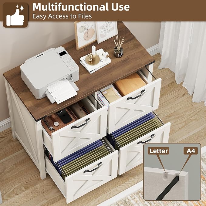 Befrases Farmhouse File Cabinet, Lateral Filing Cabinet with 4 Drawers for Letter/A4 Size Hanging Files, Wooden Printer Stand File Storage Cabinet for Home Office Cabinets, Rustic White