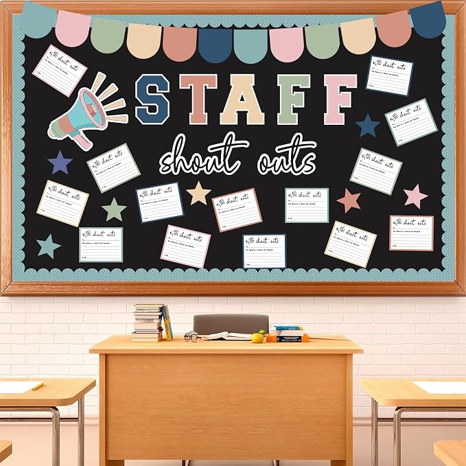 71Pcs Staff Shout Outs Bulletin Board Decorations, Staff Bulletin Board with Shout Out Cards, Appreciation Month Bulletin Boards for Classroom Office Back to School Retirement Wall Door Decor(Pastel)