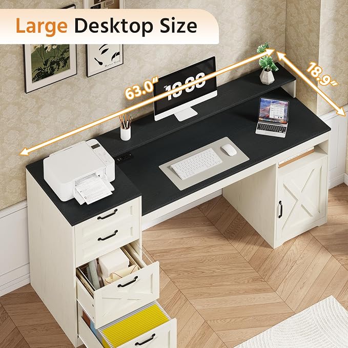 63" Farmhouse Computer Desk with 4 Drawers for Home Office, Bedroom | Executive Desk with Printer Shelf, Monitor Stand, Home Office Desks with Power Outlets, Storage Shelves, Black and White