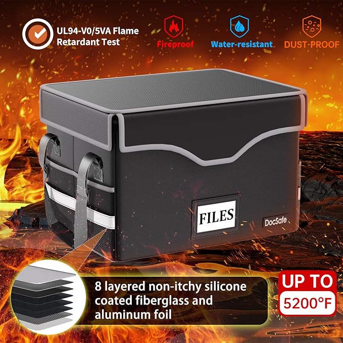 DocSafe 5200°F Fireproof Document Box with Lock,Heat Insulated File Organizer Storage with Pockets,Collapsible Portable Home Office File Safe Box with Handle for Hanging Letter/Legal Folders, Black