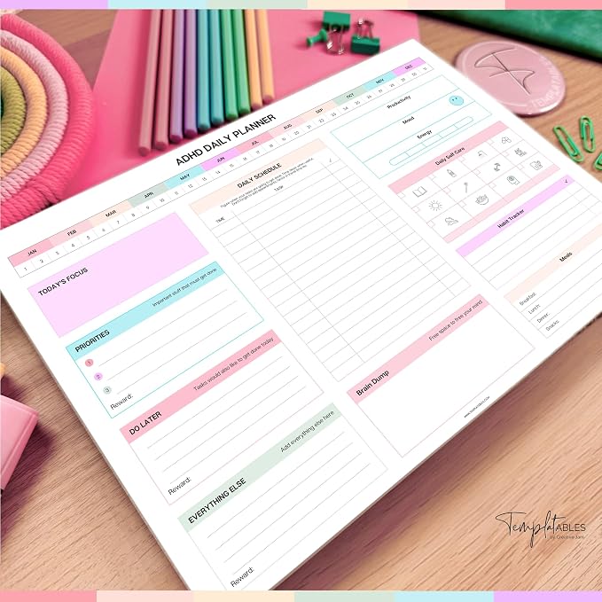 ADHD Daily Planner Notepad for Neurodivergent Adults - Productivity Daily Planner Desk Pad & Task Management to Stay Organized and Focused Note Pad (Rainbow, A4 Landscape)