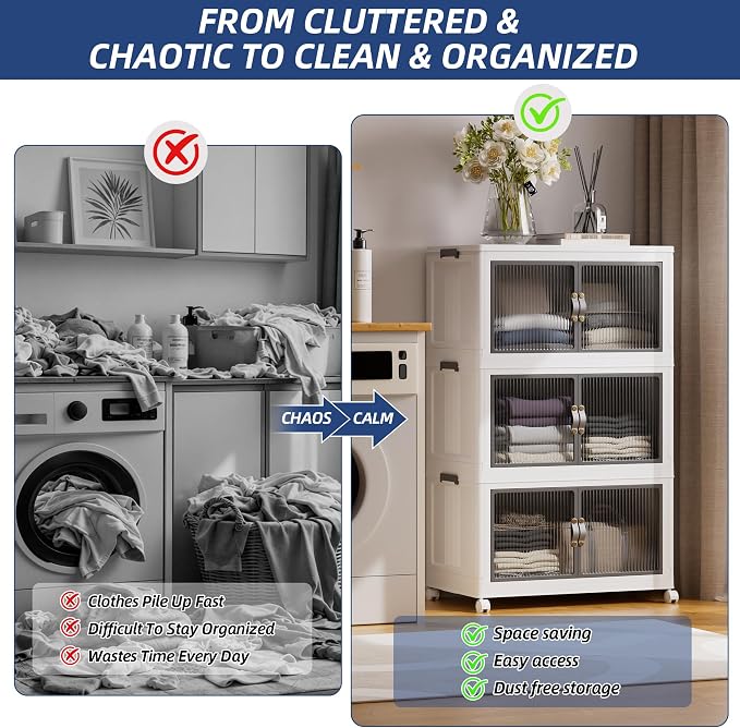 SAILUN 348Qt Stackable Storage Bins,Storage Cabinet with a Lid,3 Pack White | Stackable Storage Drawers with Lids,26" W x 17" D x 43.7" H,Featuring open-front Access for Clothes and Closet Storage