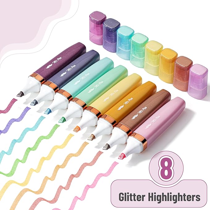 Mr. Pen- Glitter Highlighters, 8 Pack, Pastel and Metallic Colors, Chisel Tip, Highlighters Glitter Highlighter Markers