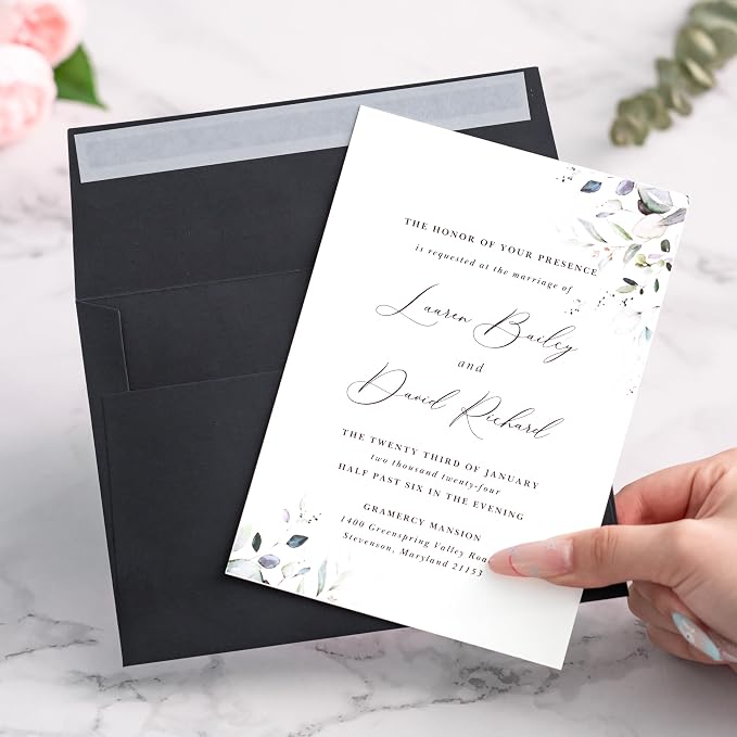 PONATIA 50 Pieces Black 5x7 Envelopes, A7 Envelopes Self Seal for Weddings, Invitation Cards, Photos, Postcards, Greeting Cards Mailing, Baby Shower, Graduation, Christmas Gift Cards