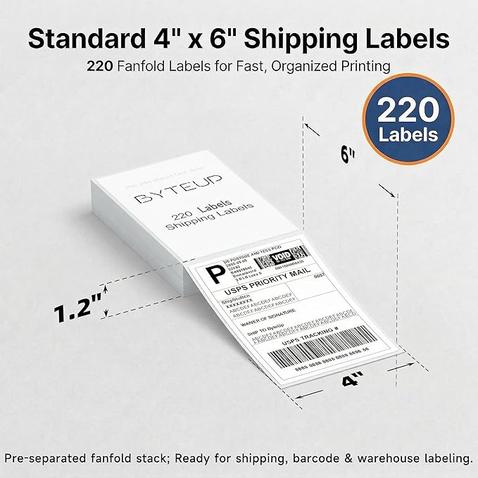 4x6 Direct Thermal Shipping Labels, 220 Fanfold Labels, Strong Adhesive Shipping Label Paper, Water Oil Scratch Resistant, BPA & BPS Free, FSC Certified, for Most Direct Thermal Printers.