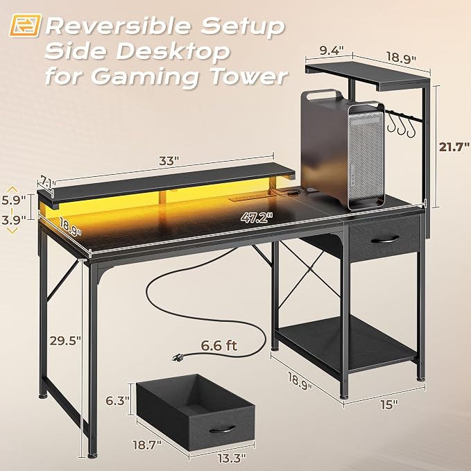 47.2 Inch Gaming Desk with LED Lights & Power Outlets | Computer Desk with Drawer & Storage Shelves, Office Writing Desk with Monitor Stand for Work from Home, Black