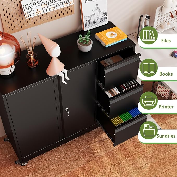 Mobile Large Lateral File Cabinet 3-Drawer,Home Office Rolling Filing Storage Cabinets with Lock & Wheels,Metal Printer Stand Office Storage A4,Letter Legal File Folders,Black
