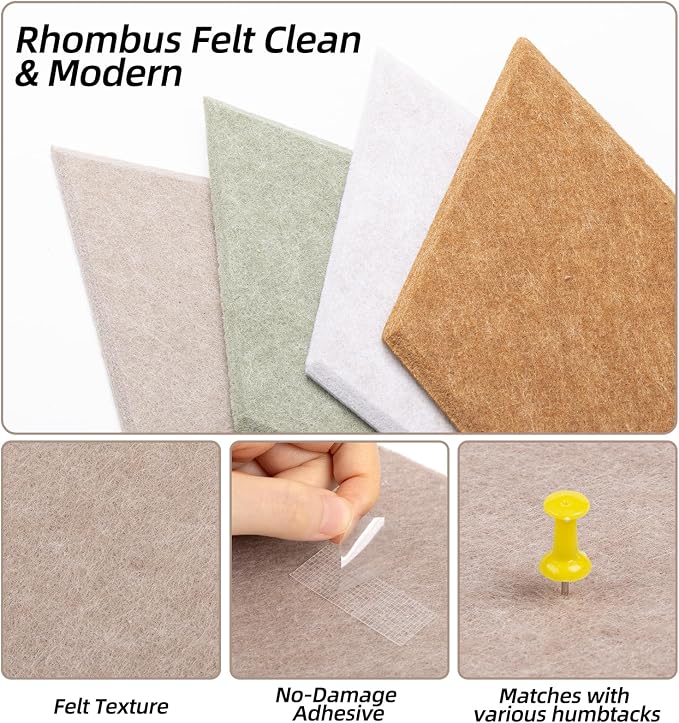 24 Pack Rhombus Felt Bulletin Board Tiles, Mocha Mist | Cork Board Alternative for Walls Decor with 72 Adhesive Tabs, Felt Pin Board for Classroom Home Office Vision Board