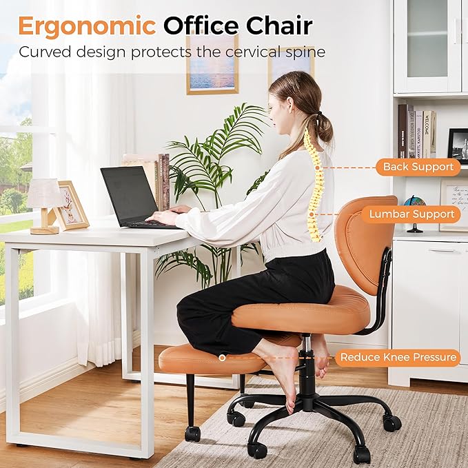 Cross Legged Office Chair, Ergonomic Criss Cross Chair with Wheels, 360° Swivel Height-Adjustable Meditation Chair for Yoga & ADHD, Wide Kneeling Chair with Strong Lumbar Support (Brown) BPY01Z