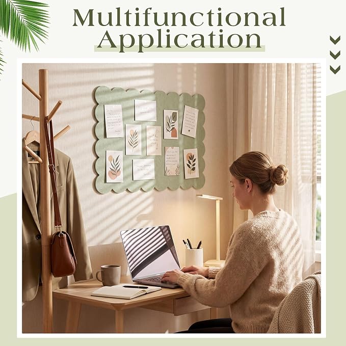 Mooliwe Scalloped Felt Bulletin Cork Board Foldable Sage Green 24 * 18 Inch | 2' x 1.5' Trifold, Self Adhesive, Picture Vision Board, Cork Alternative for Wall, Pin Bulletin Decorative for Office Bedroom