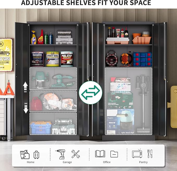 Metal Storage Cabinet with Locking Doors, 71" Tall Steel Locker Organizer with Adjustable Shelves, Garage Utility Cabinet for Home, Office, Shop, and School
