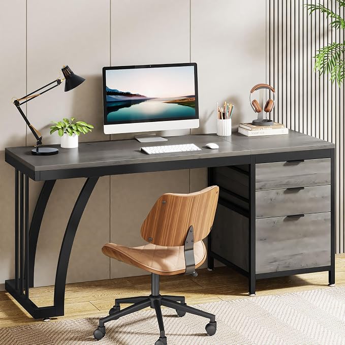 Tribesigns Computer Desk with 3 Drawers, 59-Inch PC Desk with Reversible Drawers, Industrial Study Writing Table Workstation with File Storage for Home Office (Grey)
