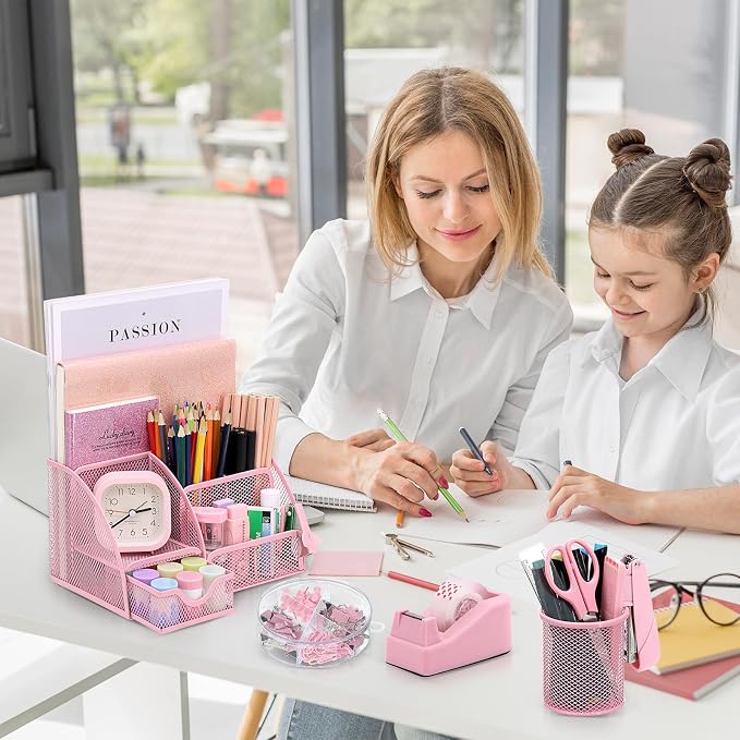 13-in-1 Office Desk Organizer Set for Back to School Supplies Accessories | Organizer Set with Stapler and Tape Dispenser, Pen Holder, Scissors, Ruler, Hole Punch, 2 Pens & More Desk Supplies