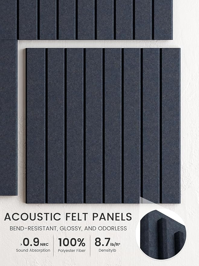 Bumusty Large Cork Board Alternative-48 x 36" Felt Bulletin Board Tiles, with 30 Pushpins, 70 Adhesive Tabs, 12-Pack Slat Wall Paneling, Cork Boards for Office Push Pin Board-Deep Charcoal Blue