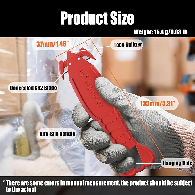 Safety Box Cutter Knife, Recessed SK-2 Blade, 12-Pack Assorted | Mini package opener tool, finger-safe hidden knife, built-in tape splitter for cardboard & shrink wrap, ambidextrous grip.