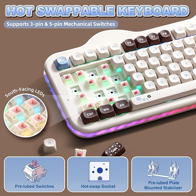 YUNZII C98 Cute Cake Wireless Mechanical Keyboard(Choco, Candy Switch) | 99 Keys with Number Pad, Hot Swap, PBT MOA Keycaps, BT5.0/2.4G/USB-C, Gasket Mount, Custom RGB Backlit for Win/Mac