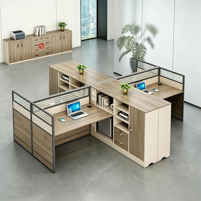 Modern Office Workstation Desk with Side Storage Cabinet, Tempered Glass Privacy Panels, USB Charging Hub & Cable Management, Modular Cubicle Desk for Office Work (B - Right, 4P)