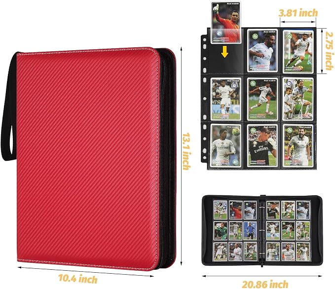 GERMUN 3 Ring 9 Pocket Zipper Card Binder, 720 Double Sided Standard PU Trading Card Album Folder for TCG & Sports Cards, Not Fit Top Loaders (Red)