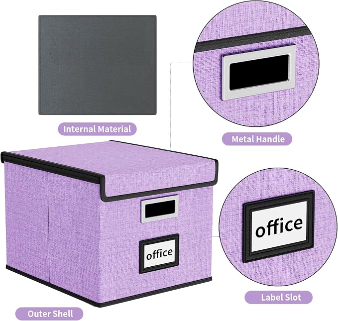 File Organizer Box with Lids, Collapsible File Folder Organizer | File Box with Plastic Slides for Document, Filing Bin for Letter Size Hanging File Folders (2 Pack, Dark Lavender)