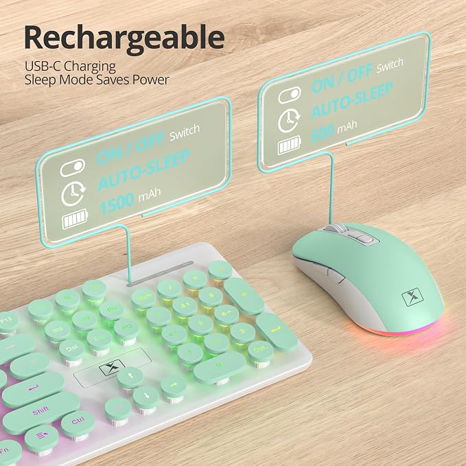Backlit Wireless Keyboard and Mouse, 2.4GHz Light Up Typewriter Rechargeable Cordless Quiet Keyboard with USB Receiver for PC/Laptop (Cyan)