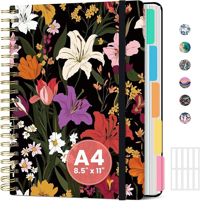 ZOTIA Large Spiral Notebook for Work, 8.5" x 11" Journal for Women, Cute 5 Subject Notebook with Removable Dividers & Tabs, College Ruled Lined Journal for Office and School, 280 Pages, Lily Garden