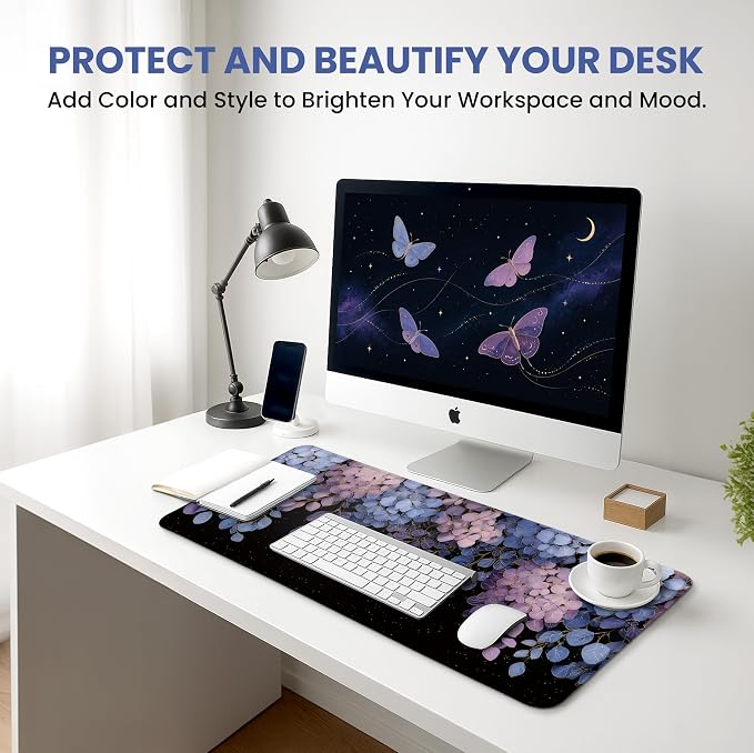 Aesthetic Desk Mat, Cute Midnight Hydrangea Desk Pad Protector for Work & Decor, 35.4" x 15.7", Pretty Non-Slip Extended Mouse Pad for Office or Home
