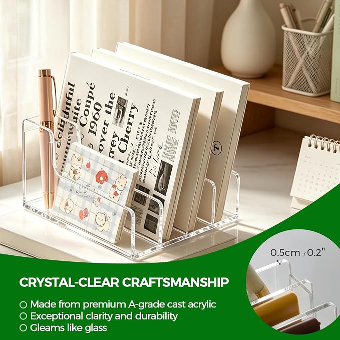 Acrylic Mail Organizer for Desk, 5 Compartments Letter Sorter with Pen Holder, Clear Desktop File Folder & Notebook Holder, Cute Office Supplies Organizer for Home Office School