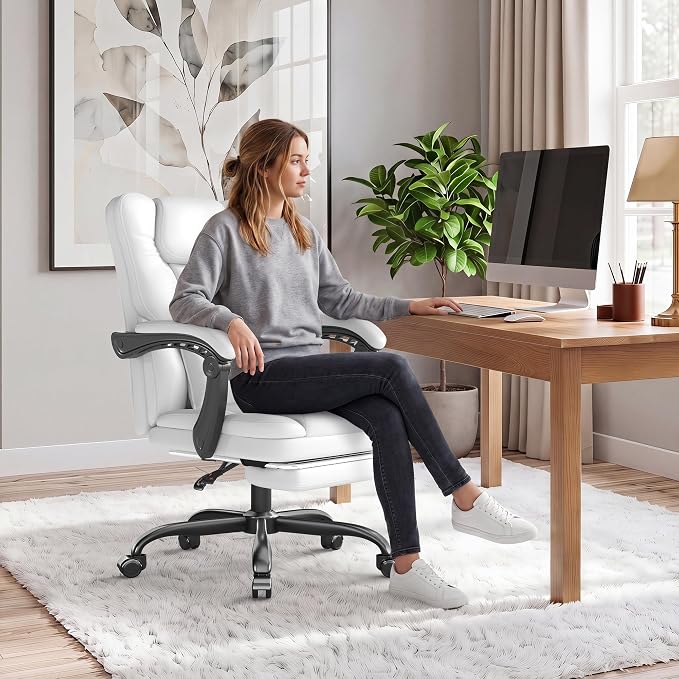 Ergonomic Office Chair with Foot Rest, 300 lbs Executive Leather Desk Chair | 90°-155° Reclining Computer Chair with Lumbar Support and Armrests, Adjustable Height Swivel Chair for Home Office Desk White