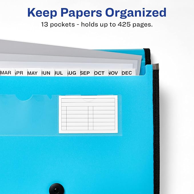 Avery Expanding File Folder Organizer, 13-Pocket Accordion File Organizer, Aqua, Holds 425 Letter/A4-Size Sheets (73554)